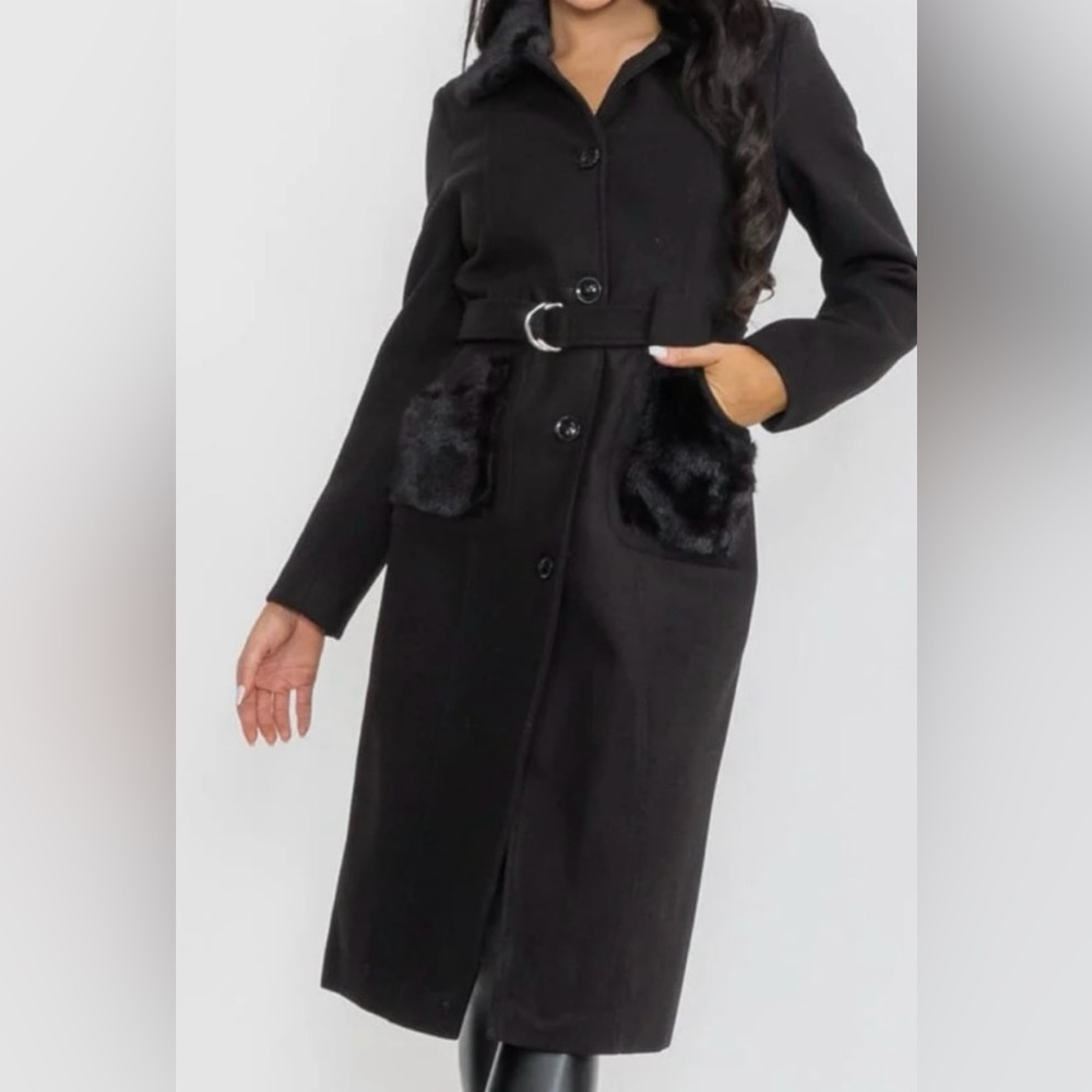 7. COST🛑Black faux fur pocketed peacoat belted pockets coat jacket